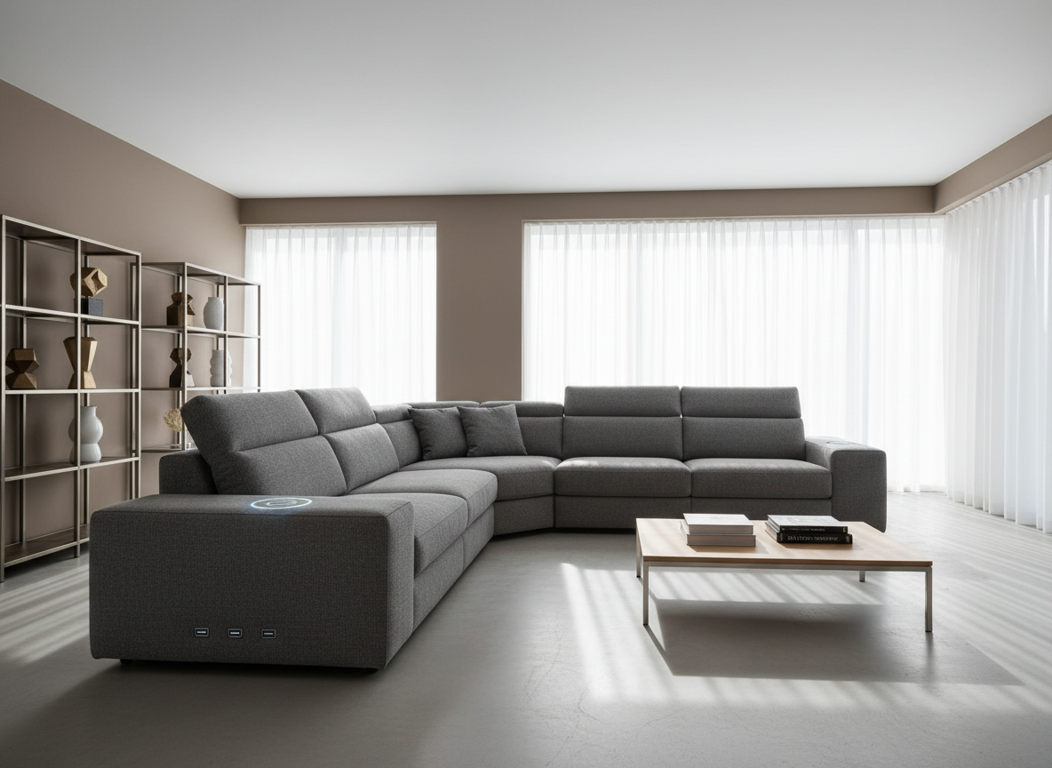 A sleek modular sectional sofa upholstered in tightly woven, matte charcoal fabric, featuring adjustable headrests, embedded wireless charging pads in the armrests, and hidden USB ports along the base. The sofa is arranged in a bright, open-concept living room with a neutral color palette—soft grays and taupes—accented by minimalist shelving with subtle metallic decor pieces. Gentle diffused daylight enters through large, sheer-curtained windows, highlighting the sofa’s clean lines and crisp silhouette while casting soft, natural shadows on the polished concrete floor. The camera is positioned at eye level, centered to emphasize balance and symmetry. The overall mood is modern, calm, and professional, with a photographic realism style underscoring functional elegance and advanced home technology.