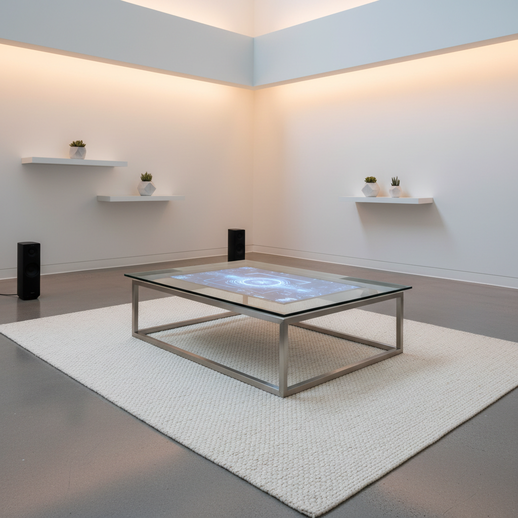 A contemporary glass coffee table with beveled edges, supported by a brushed stainless steel frame that incorporates a built-in digital display seamlessly flush within the tabletop surface. The table sits atop a light, textured wool rug in a spacious lounge with minimalistic tech decor—smooth smart speakers and geometric planters on floating wall shelves. Warm, indirect LED uplighting washes softly across the room, reflecting gently off the table’s surface and highlighting its smart features. Composed from a slightly elevated angle using the rule of thirds, the image is crisp and balanced, establishing a polished, corporate tone. The photographic, clean and modern style aligns perfectly with an upscale tech-forward retail setting.